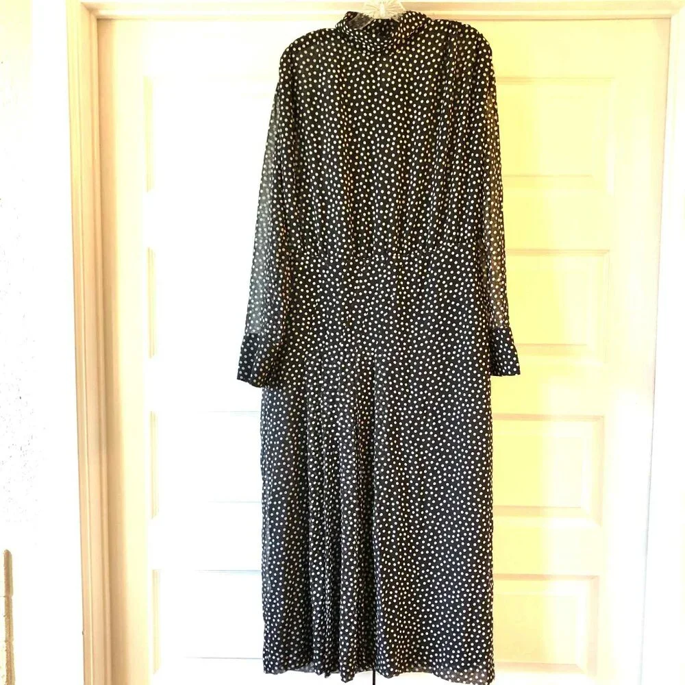 NWT ZARA High Collar Polka Dot Chiffon Long Sleeve Midi Dress Black\White XL - Picture 4 of 8